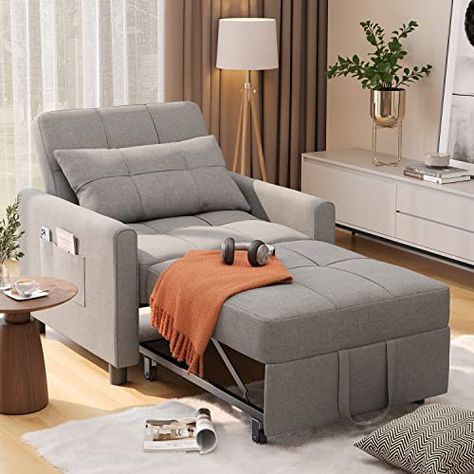 Aiho Convertible Sleeper Chair, 3-in-1 Single Convertible Chair Bed, Adjustable Chair with Pillow and Pocket, Multi-Functional Sleeper Chair with Foot and Modern Linen Fabric for Apartment, Light Gray Temporary Sofa, Futon Chair Bed, Sleeper Chair Bed, Modular Sofa Bed, Small Sofa Bed, Futon Chair, Sleeper Couch, Small Couch, Pull Out Sofa