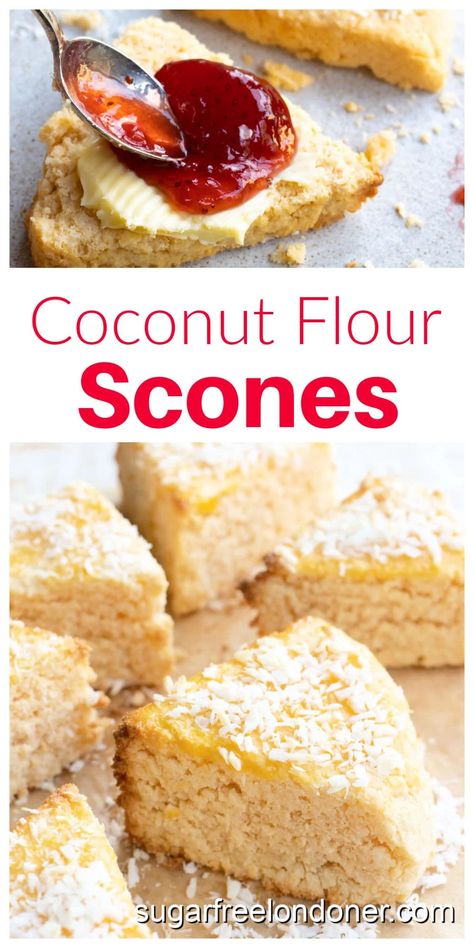 You only need 6 ingredients to make these easy coconut flour scones. They have the same crumbly, buttery texture of traditional scones. Gluten-free, grain free and only 2.4g net carbs per scone! Coconut Flour Scones, Traditional Scones, Coconut Flour Cakes, Sugar Free Strawberry Jam, Gluten Free Scones, Flours Banana Bread, Coconut Flour Recipes, Low Carb Baking, Carb Meals