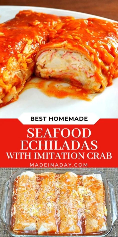 Crab Enchiladas Recipe, Meat Enchiladas, Immitation Crab Recipes, Seafood Enchiladas Recipe, Seafood Enchiladas, Easy Enchilada Recipe, Crab Recipe, Mexican Food Dishes, Crab Meat Recipes