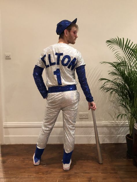 Elton John dodgers costume NYE DIY Diy Elton John Costume, Elton John Fancy Dress, Elton John Dog Costume, Elton John White Outfit, Elton John Baseball Costume, Elton John Orange Costume, Diy Nye, Dodgers Outfit, Elton John Costume