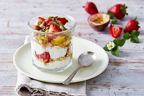 Csiro Total Wellbeing Diet, Strawberry Yogurt Parfait, Almond Butter Granola, Roasted Rhubarb, Refreshing Breakfast, Granola Parfait, Almond Pound Cakes, Strawberry Compote, Strawberry Yogurt