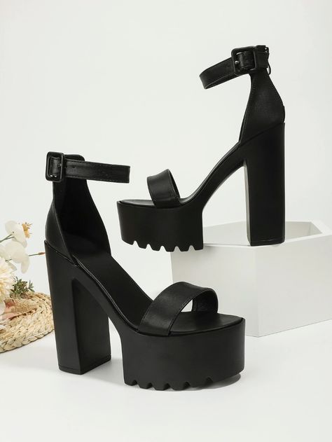 Buckle Decor Platform Chunky Heeled Ankle Strap Sandals | SHEIN South Africa Punk Style Women, Platform Chunky Heels, Black Platform Sandals, Black Punks, Newborn Twins, Prom Heels, Ankle Strap High Heels, Strap Sandals Women, Estilo Punk