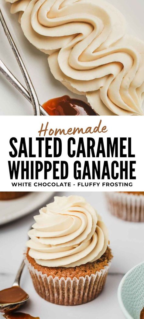 Discover how to make a perfect salted caramel ganache from scratch with this easy recipe. Experience the delightful blend of sweet and salty, featuring French salted butter caramel and rich white chocolate. This ganache is ideal for cake fillings and cupcake toppings, offering a thick and fluffy texture that's simply irresistible. Whether you're a seasoned baker or new to the kitchen, this ganache will elevate your desserts with its luxurious flavor and perfect consistency. Chocolate Cake With Salted Caramel Icing, Whipped Ganache Frosting Recipe, Vanilla Cake Fillings Ideas, Whipped Caramel Ganache, Salted Caramel Ganache Recipe, Cupcake Fillings Recipes, Flavoured Ganache Recipes, White Chocolate Whipped Ganache, Salted Caramel Filling For Cake