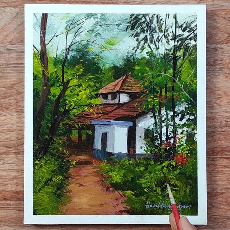 New acrylic landscape painting 🎨😍 | New acrylic landscape painting 🎨😍 | By Hamlet Shougrakpam Art Simple Acrylic Paintings Landscape, Guache Art, Watercolor Drops, Bull Painting, Easy Landscape, Easy Landscape Paintings, Human Figure Sketches, Painting House, Watercolor Art Landscape