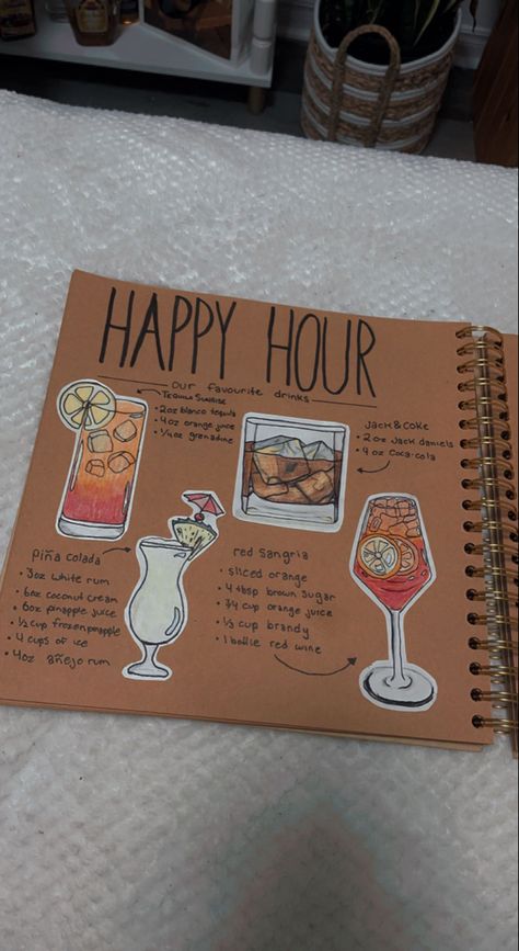 Scrapbook page idea drink menu recipe piña colada rum and coke sangria recipe tequila sunrise Diy Cocktail Recipe Book, Ex Boyfriend Cocktail Ideas, Cocktail Recipe Book Diy, Cute Scrapbook Pages For Boyfriend, Book Of Memories For Boyfriend, Scrape Book For Boyfriend, Scratch Book Ideas For Boyfriend, Scrapbook Page Ideas For Boyfriend Diy, Scrapbook For Him Page Ideas