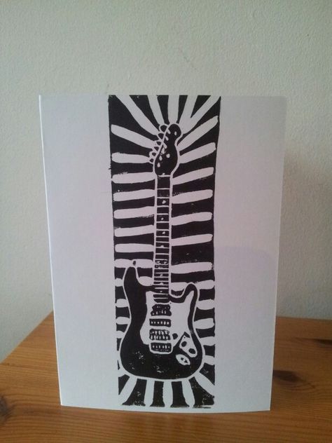 Electric guitar linocut card for boys 2014 Linocut Playing Cards, Linocut Book Cover, Lino Print Book Cover, Woodcut Portrait, Punk Linocut, Intaglio Printing, Guitar Linocut, Lino Print Pattern, Linoleum Printmaking