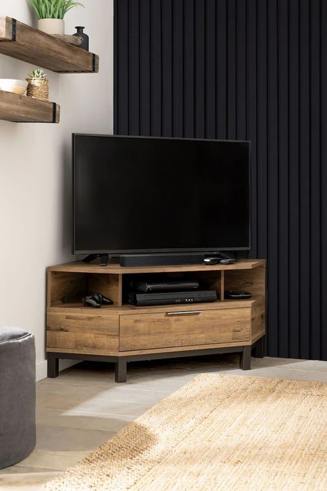 Tv In Corner Of Living Room, Corner Tv Ideas, Living Room Cupboards, Corner Tv Cabinets, Corner Tv Stands, Furniture Shelves, Corner Tv Unit, Tv Cabinet Design, Corner Tv Stand