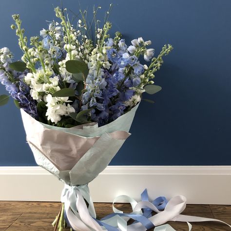 Tender blue delphinium and white mattiola aroma bouquet Blue Bell Flowers Bouquets, Heliotrope Flower Bouquet, Blue Bell Bouquet, Small Blue Bridal Bouquet, Blue Bouquet Aesthetic, Bluebells Bouquet, Heliotrope Bouquet, Larkspur Bouquet, Bluebonnet Bouquet