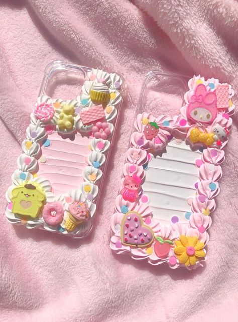 Sanrio Decoden Case, Cake Phone Case, Decoden Crafts, Decoden Phone Cases, Borax Crystals, Decoden Diy, Decoden Case, Slime Charms, Cream Glue