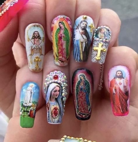 Catholic Nails, Female Horror Characters, Chicano Love, Aesthetic Memes, Art Journal Therapy, Memes Status, Image Fun, Nails Desing, Beautiful Nail Designs