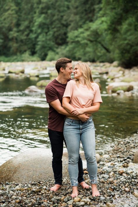 North Vancouver engagement photos at Seymour River River Side Couple Shoot, Fishing Engagement Photos, Same Height Couples, River Engagement Photos, Water Engagement Photos, Fishing Engagement, Engagement Picture Outfits, Beautiful River, Fun Engagement Photos