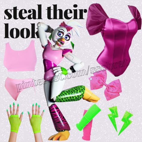 A pink background with a large white animation bird with 80s inspired attire, neon green and pink animal print leg warmers, a pink leotard, a pink bow, and green earrings (glamrock chica). Around the character are various clothing items and accessories inspired by what Chica is wearing. These items are written out in the pin description. Glamrock Chica Costume, Glamrock Chica Inspired Outfit, Glamrock Chica Cosplay Ideas, Glam Rock Chica Cosplay, Glamrock Chica Makeup, Fnaf Earrings, Fnaf Movie Outfit Ideas, Chica Fnaf Cosplay, Chica Cosplay Fnaf