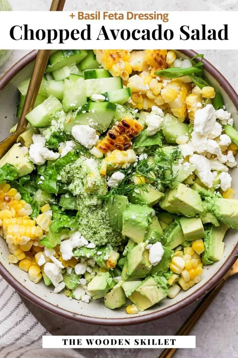 Avocado Salad - The BEST Avocado Salad ever! So much flavor is packed into this salad you are going to have it on repeat all summer long! #avocadosalad #avocadosaladrecipes #avocadosaladdressing #avocadosaladrecipeseasy #avocadosaladrecipeshealthy #avocadosaladideas Chopped Avocado Salad, Feta Dressing Recipe, Feta Dressing, Wooden Skillet, Grilled Sweet Corn, Avocado Salad Dressing, Paleo Salads, Avocado Salad Recipes, Fresh Salad Recipes