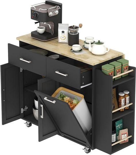 Amazon.com: Osfvolr Rolling Kitchen Island with Storage, 2 Drawers, Kitchen Island with Drop Leaf, Kitchen Islands Carts W/ 3 Spice Rack Shelf, Tilt Out Cabinet, Pet Proof Trash Can, Black : Home & Kitchen Mobile Kitchen Island Ideas Small Spaces, Small Portable Kitchen Island, Moveable Kitchen Island, Kitchen Island With Drop Leaf, Spice Rack Shelf, Kitchen Island With Drawers, Trash Cabinet, Kitchen Island With Storage, Drop Leaf Kitchen Island