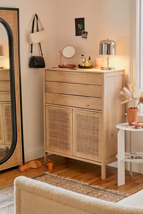 Storage Furniture | Storage Cabinets + Racks | Urban Outfitters Boho Tall Dresser, Tall Dresser Styling, Tall Dresser Bedroom, Tall Narrow Dresser, Tall Dresser Decor, Modern Tall Dresser, Tall Dressers, Boho Dresser, Cane Doors