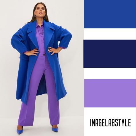 Blue And Purple Outfit Color Combos, Pink Purple And Blue Outfit, Purple And Blue Outfit Combination, Electric Blue Outfit Color Combos, How To Style Purple Pants, Blue And Purple Outfit, Purple Pants Outfit, Colour Blocking Fashion, Color Outfits