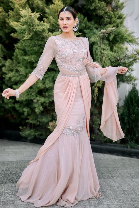 Buy Mandira Wirk Peach Organza Pre-draped Fish Cut Saree Gown Online | Aza Fashions Fish Cut Saree, Fish Cut Gown, Draped Saree Gown, Fish Cut, Ridhi Mehra, Cocktail Dresses With Sleeves, Net Gowns, Draped Saree, Velvet Dress Designs