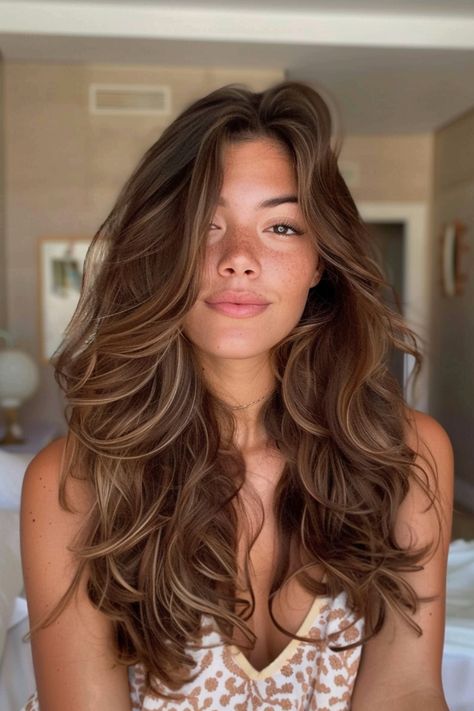 Woman with long, wavy brown hair and subtle highlights smiling confidently indoors. Light Brunette Hair Balayage, Balayage For Brown Skin Tone, Light Brown Hair Color Ideas Caramel, Hair For Light Skin Tone, Balayage Hair For Brown Skin, Balayage On Dark Skin, Warm Hair Color Ideas Brunettes, Caramel Dark Hair, Soft Highlights For Brown Hair