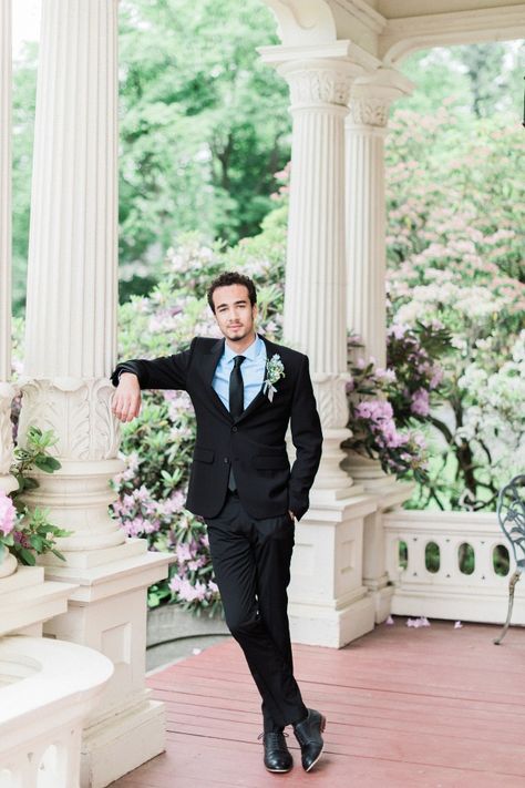 groom in black suit and light blue shirt Black Suit And Light Blue Tie, Black Suit Light Blue Shirt Men, Dusty Blue Tie Black Suit, Black Suit Light Blue Tie, Blue Shirt Black Suit, Black Suit With Blue Shirt, Black Suit Blue Shirt, Black Suit Prom, Peach And Blue Wedding