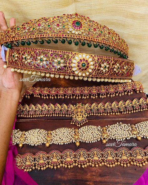 Kundan Vaddanam Designs, Hipbelts For Sarees, Saree Belt Designs Gold, Hip Belts, Hip Chain For Saree, Waist Bands Jewellery, Hip Belt For Saree Gold, Waist Belt Gold Indian Jewellery, Hip Belt