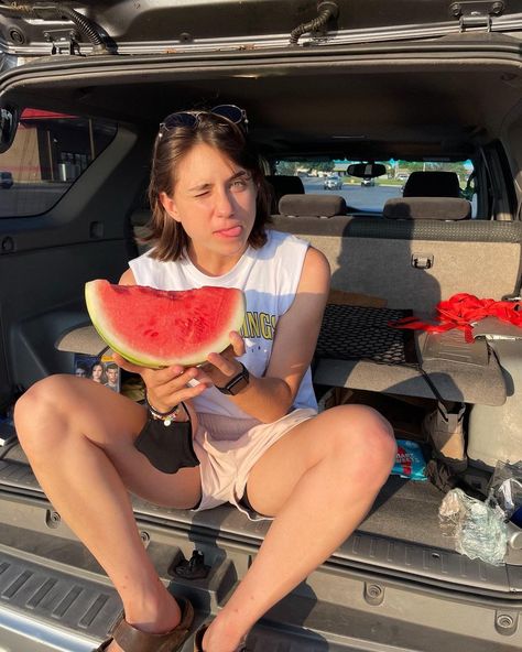 Makaela is sitting in the back of her car eating a quarter of a watermelon. She had sunglasses on her head, pushing her hair back. She is wearing a white tank top with blue denim shorts. Masc Lesbian, Chosen Family, Marry Me, Love Of My Life, Beautiful People, Watermelon, Photo Editing, Summer Outfits, Summer Fashion