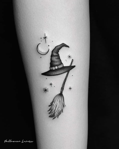 Black Cat Witch Broom Tattoo, Witch's Hat Tattoo, Witchy Feet Tattoos, Elphaba Hat Tattoo, Small Broomstick Tattoo, Witch Broomstick Tattoo, Broom Tattoo Witch, Cute Witch Tattoo, Witch Hat Tattoo Ideas