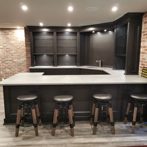 This Irish Pub inspired Home Bar was the star of this basement renovation. Bar Ideas For Home Basement Luxury, Irish Basement Bar, L Shape Basement Bar, U Shaped Basement Bar, L Shape Bar Ideas, Corner Basement Bar, Basement Bar With Island, L Shaped Bar Basement, Basement Corner Bar