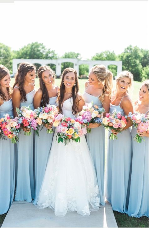 Bridesmaid Dresses Wildflower Wedding, Spring Blue Bridesmaid Dresses, Spring Wedding Wedding Party, Blue And Colorful Wedding, Colorful Bridesmaid Dresses Mixed, Pink And Blue Bridesmaids, Sky Blue Themed Wedding, Powder Blue Bridesmaids Dresses, Blue Bridesmaid Dresses Summer