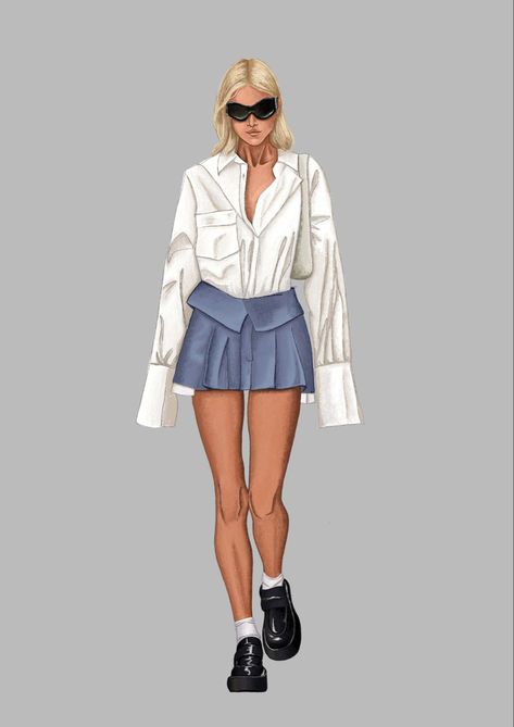 Procreate drawing Elsa Hosk summer outfit inspiration Skirt Sketches Fashion Drawings, Skirt Fashion Sketch, Mini Skirt Drawing, Shirt Skirt Outfit, Illustration Poses, Fashion Illustration Poses, Shirt Sketch, Fashion Croquis, Mini Skirt Fashion