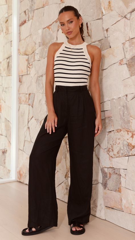 Long Black Pants Outfit, Black And White Top Outfit, Cream And Black Outfits, Black Pants Outfit Summer, High Contrast Outfits, Outfit With Black Pants, Sleeveless Top Outfit, Contrast Outfit, Black Top Outfit