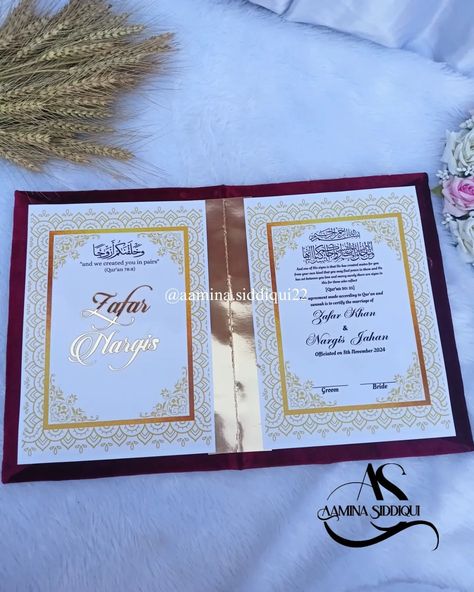 Nikah nama Booklet maroon colour Dm me for order Contact -7905869506 #nikahpens #nikahsignaturepen #bookletnikahnama #nikahnama #booklet #usa Nikkah Nama Booklet, Nikahnama Booklet, Nikkah Nama, Maroon Colour, Dm Me, Bride Groom, Create Yourself, Wedding Ideas, Quick Saves