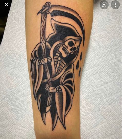 Grim Reaper American Traditional Tattoo, Grim Reaper Tattoo Traditional, Traditional Tattoo Black And Grey, Coffin Tattoo, Bleach Tattoo, Traditional Tattoo Drawings, Traditional Hand Tattoo, Abstract Tattoo Ideas, American Traditional Tattoo Ideas