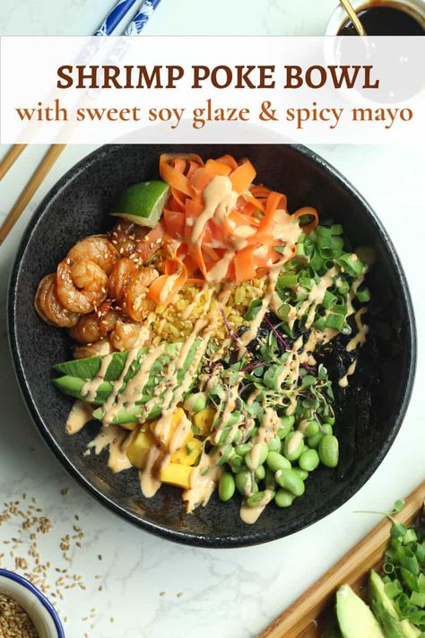 A Shrimp Poke Bowl is a easy, delicious, weeknight recipes rice bowl bursting with fresh flavors, such as pickled carrots, juicy mango, and avocado. Succulent marinated shrimp, a sweet soy glaze, and spicy mayonnaise. The bowls can easily be customized! Great for meal prep, lunch, dinner. Prawn Poke Bowl Recipe, Avacado Rice, Shrimp Poke Bowl Recipe, Shrimp Poke Bowl, Sweet Soy Glaze, Mango And Avocado, Soy Glaze, Poke Bowl Recipe, Recipes Rice