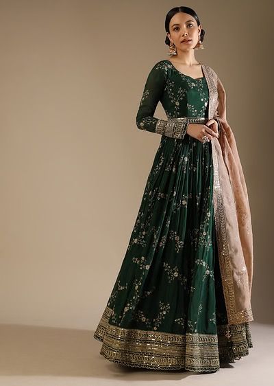 Bottle Green Anarkali Suit In Silk With Zari And Sequins Embroidered Floral Jaal And A Beige Organza Dupatta Bottle Green Anarkali, Green Anarkali Dress, Green Anarkali, Desi Dress, Kalki Fashion, Anarkali Dress Pattern, Indian Dresses Traditional, Traditional Indian Outfits, Indian Gowns Dresses