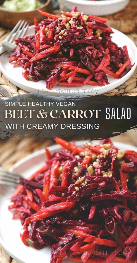 This beetroot and carrot salad recipe features roasted beets, raw carrots, radish and dried cranberries, finished with a creamy vegan avocado dressing. A healthy carrot and beetroot salad rich in anti-oxidants and dietary fiber that can be enjoyed as side dish or appetizer, perfect for a clean eating type of diet. This beet and carrot salad is naturally vegan, paleo and whole30 friendly. #beetrootcarrotsalad #beetcarrotsalad #carrotbeetsalad #carrotbeetrootsalad #veganbeetsalad #simplebeetsalad Beets And Carrots Salad, Plant Based Beet Recipes, Carrot Beet Salad, Beet And Carrot Salad, Vegan Avocado Dressing, Salad With Creamy Dressing, Beetroot And Carrot Salad, Dairy Free Salad, Raw Carrot Salad