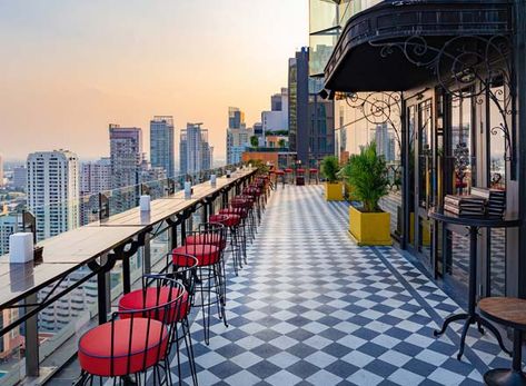 Mojjo Rooftop Lounge & Bar - Rooftop bar Bangkok Rooftop Lounge Bar, Art Deco Floor Tiles, Bangkok Rooftop, Sky Bar Bangkok, Rooftop Bar Design, Roof Top Cafe, Rooftop Balcony, Art Deco Floor, Modern Restaurant Design