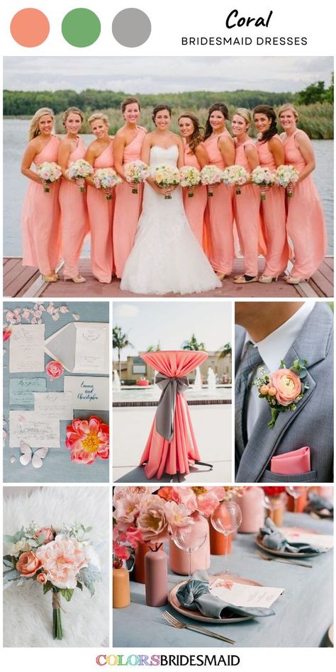 Coral bridesmaid dresses on sale under $100, in 600+ custom-made styles and all sizes, white bridal gown, grey bridegroom suit and coral corsage, coral wedding tablecloth and grey sash, grey wedding napkins, coral wedding table décor, grey and coral wedding invites. #colsbm #bridesmaids #bridesmaiddresses #weddingideas #coralwedding #bridegroomsuit #bouquet #weddinginvitation #weddingtablecloth #weddingdecor #weddingcenterpieces #coraldress b2286 Beach Wedding Bridesmaid Dresses Coral, Coral Corsage, Coral Wedding Colors Scheme, Coral Dress Wedding, Coral Wedding Decorations, Coral Wedding Themes, Coral Wedding Colors, Beach Wedding Coral, Beach Wedding Bridesmaid Dresses