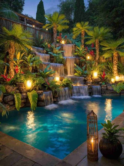 Pool Ideas With Waterfall, Small Backyard Pool Ideas, Small Backyard Pool, Backyard Pool Ideas, Luxury Pools Backyard, Resort Ideas, Florida Pool, Dream Backyard Pool, Tropical Pool