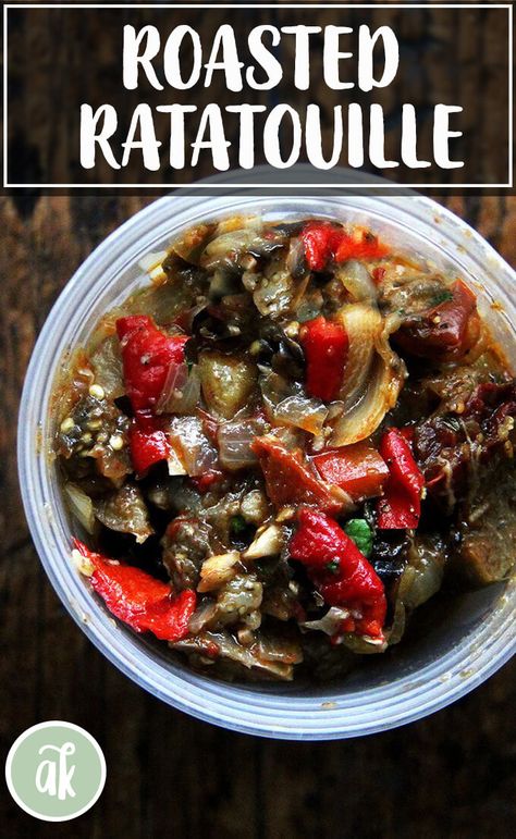 Roasted Ratatouille = The Best Ratatouille. This recipe is incredibly forgiving. I make it every summer when I am overloaded with eggplant, tomatoes, peppers, zucchini, and onions. Spread over toast, tossed with pasta, spooned over polenta, this roasted ratatouille is irresistible! #ratatouille #roasted #pasta #summer #eggplant #tomatoes #squash #peppers Zucchini And Onions, Roasted Ratatouille, Pasta Summer, Veggie Entrees, Eggplant Caponata, Ratatouille Recipe, Csa Recipes, Vegan Italian, Pan Meals