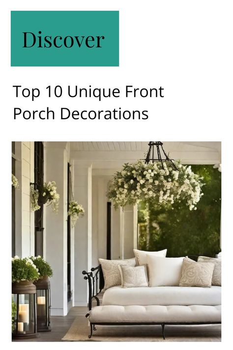 Elegant front porch with hanging floral arrangement, cushioned sofa, and black metal railing, illustrating unique decoration ideas. Front Porch Decoration Ideas, Cozy Front Porch Ideas, Porch Decoration Ideas, Front Porch Decorations, Front Porch Furniture, Ornamental Kale, Rustic Planters, Porch Decorations, Porch Furniture