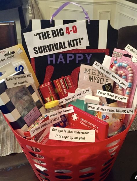 40th Survival Kit For Women, 40th Birthday Survival Kit For Women, 40th Birthday Baskets For Women, 40th Birthday Ideas For Women Gift, 40th Birthday Gag Gifts, 40th Birthday Gifts Diy, 40th Birthday Ideas For Men Husband, Survival Kit Diy, Funny 40th Birthday Gifts