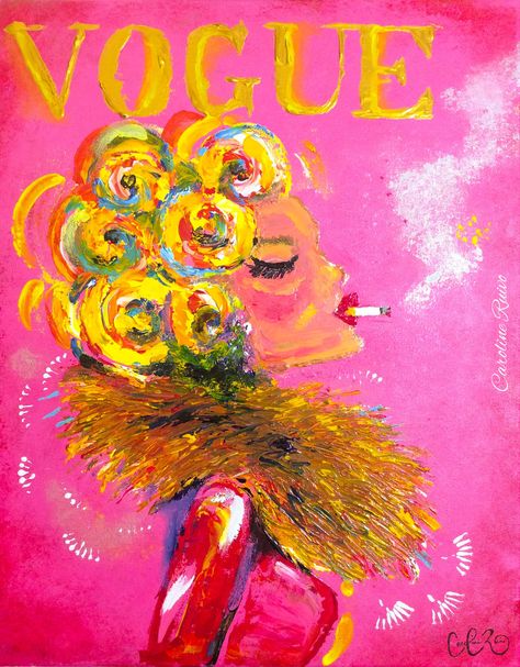 Vogue Canvas Painting, Vogue Painting, Stretched Canvas Painting, Acrylic Painting Inspiration, Artwork Canvas, Print Collage, Pink Art, Palette Knife, Easy Paintings