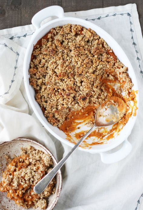 Gluten-Free Vegan Sweet Potato Casserole (AKA the Best Winter Side) - Organic Authority Gluten Free Sweet Potato Casserole, Casserole Vegan, Vegan Sweet Potato Casserole, Oat Crumble Topping, Gluten Free Sweet Potato, Whipped Potatoes, Benefits Of Organic Food, Oat Crumble, Gluten Free Sweet