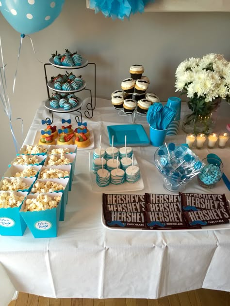 Boy Side of the Snack Table Gender Reveal Baby shower Blue Baby Shower Snacks Boy, Snacks Table, Table Snacks, Baby Shower Appetizers, Gender Ideas, Baby Shower Desserts Boy, Shower Snacks, Baby Shower Garcon, Baby Shower Snacks