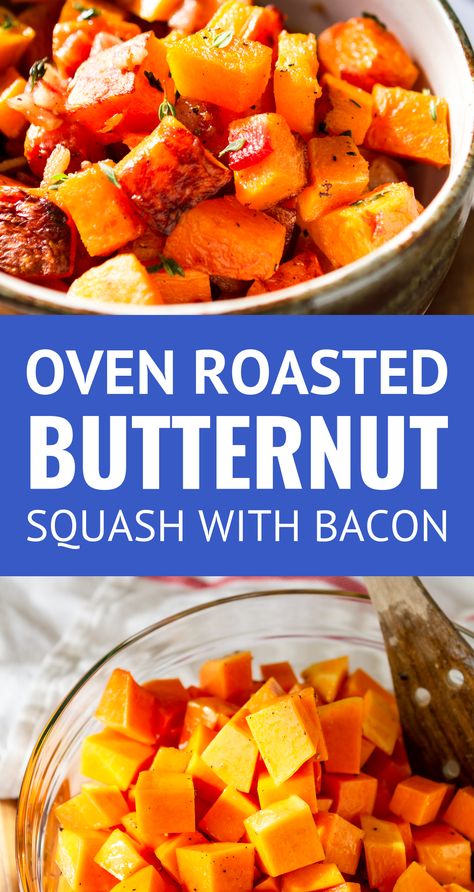 Oven Roasted Butternut Squash With Bacon -- This roasted butternut squash recipe is crazy easy to make. 3 ingredients never tasted so good -- just thick cut bacon, butternut squash cubes, and fresh thyme. The perfect paleo side dish or weeknight sheet pan meal, TOTAL winner! | baked butternut squash | baked butternut squash cubes | healthy roasted butternut squash | easy roasted butternut squash | roasted butternut squash paleo #keto #paleo #bacon #easyrecipe #whole30 #thanksgiving #sidedishes Butternut Squash And Bacon Recipes, Butternut Squash With Bacon, Butternut Squash Side Dish, Thanksgiving Side Dishes Crockpot, Baking Mischief, Butternut Squash Benefits, Oven Roasted Butternut Squash, Butternut Squash Recipes Roasted, Butternut Squash Recipe