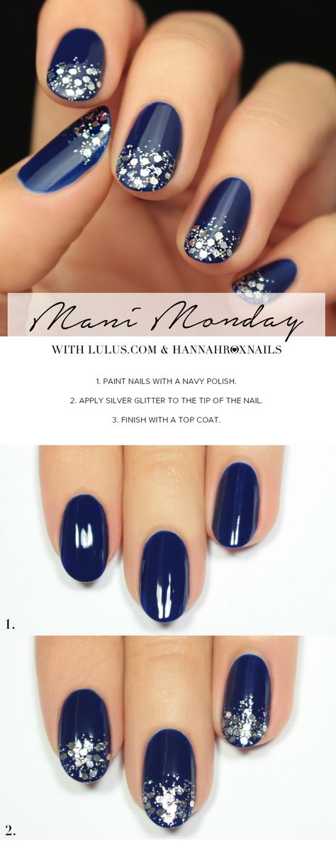 Mani Monday: Navy Blue and Silver Glitter Nail Tutorial at LuLus.com! Navy Nails, Navy Blue Nails, Silver Glitter Nails, Wedding Nail, Super Nails, Ideas Nails, Dark Nails, Trendy Nail Design, Prom Nails