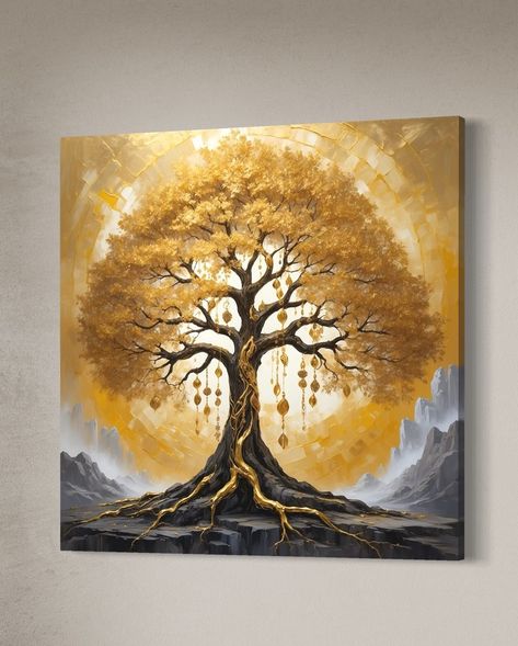 THE FLOW OF FORCE , canvas 80x80cm This painting shows strength and energy that bring financial success. The golden tree takes its power from the earth, and it stands for growing your wealth and finding success. Each branch is like a path where good things flow, and the golden leafs show luck and stability. They help you reach your goals. This tree is full of energy for success and attracts money and well-being to anyone who connects with it. Available to buy 💸 Price 850€ #ArtForInter... New Art Ideas Creativity, Money Tree Painting, Bedroom Artwork Ideas, Creative Artwork Ideas, Black Painting Canvas, Gold Black Painting, Kalpavriksha Tree, Gold Tree Painting, Paintings Creative