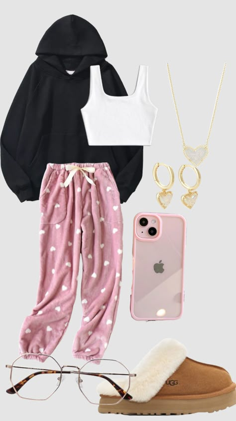 Pink Pj Pants Outfit, Comfy Pajama Outfits, Outfits With Pj Pants, Pj Fits For School, Pj Pants Outfit, Outfit Layout Aesthetic, Cute Pajama Outfits, Layout Aesthetic, Comfy Outfits Winter