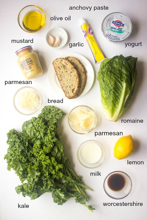 Kale Caesar Salad - nutritious kale and romaine caesar salad with greek yogurt caesar dressing | littlebroken.com @littlebroken Greek Yogurt Ceasar Dressing, Fancy Ceaser Salad, Kale Ceaser Salad Recipes, Healthy Ceaser Salad, Ceaser Salad Ideas, Salad Ingredients List, Cesar Salad Recipe, Kale Cesar, Yogurt Caesar Dressing