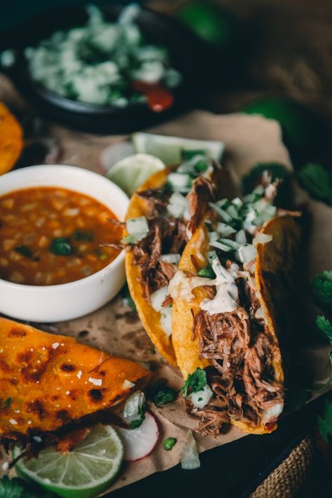 Types Of Steak, Mexican Birria Recipe, Mexican Birria, Quesabirria Tacos, Beef Birria Recipe, Birria Recipe, Chipotle Crema, Creamy Parmesan Sauce, Spiced Beef